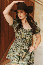 Load image into Gallery viewer, Olive Horse Jacquard Woven Puff Ruffle Button Down Romper