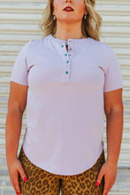 Load image into Gallery viewer, Lavender Sleeve Turquoise Snap Button Down T-Shirt
