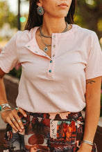 Load image into Gallery viewer, Soft Pink Sleeve Turquoise Snap T-Shirt
