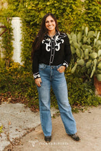 Load image into Gallery viewer, Dark Wash Crease Raw Hem High Rise Trouser Jeans 32in inseam
