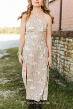 Load image into Gallery viewer, Western Printed Halter neck Front Leg Slit Sleeveless Dress
