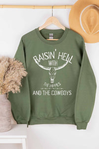 the 'raisin' hell with the hippies and the cowboys' crewneck